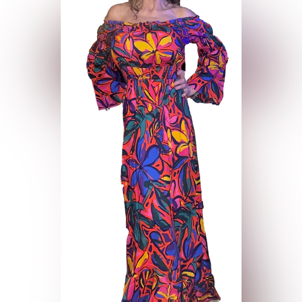 🆕#168-SUGARLIPS DRESS, Rainbow Tropics Off the Shoulder Bell Sleeve Midi Size M - Picture 10 of 13